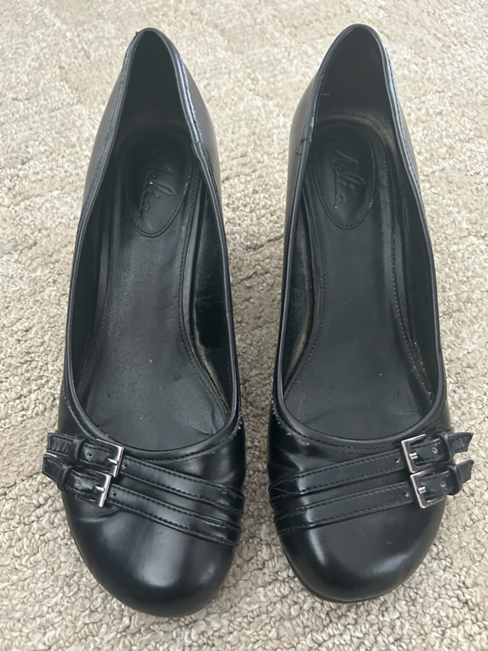 Aldo Black Leather Double-Buckle Ballet Flats